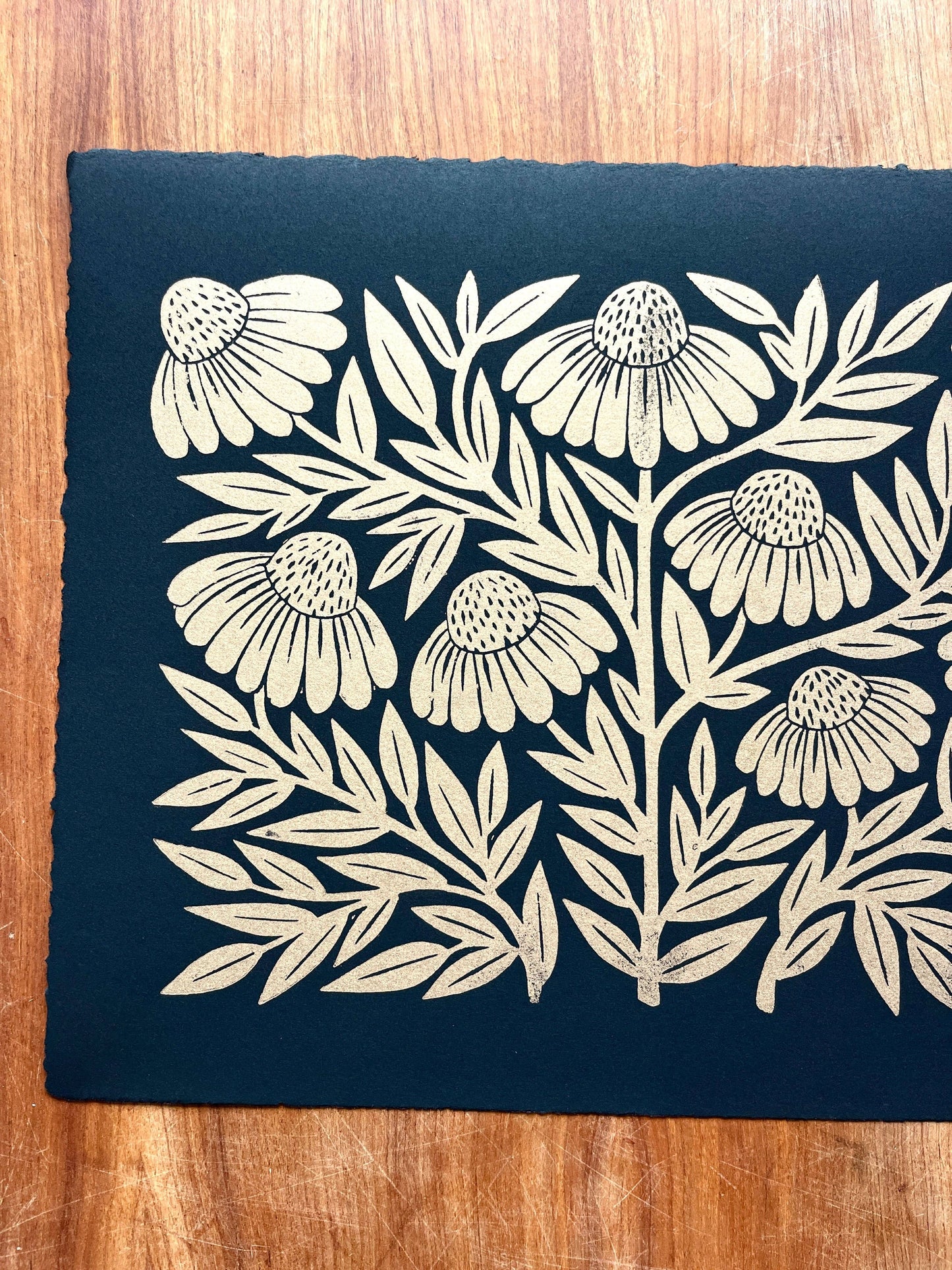 Hand Block Printed Gold Echinacea Art Print - No. 5645