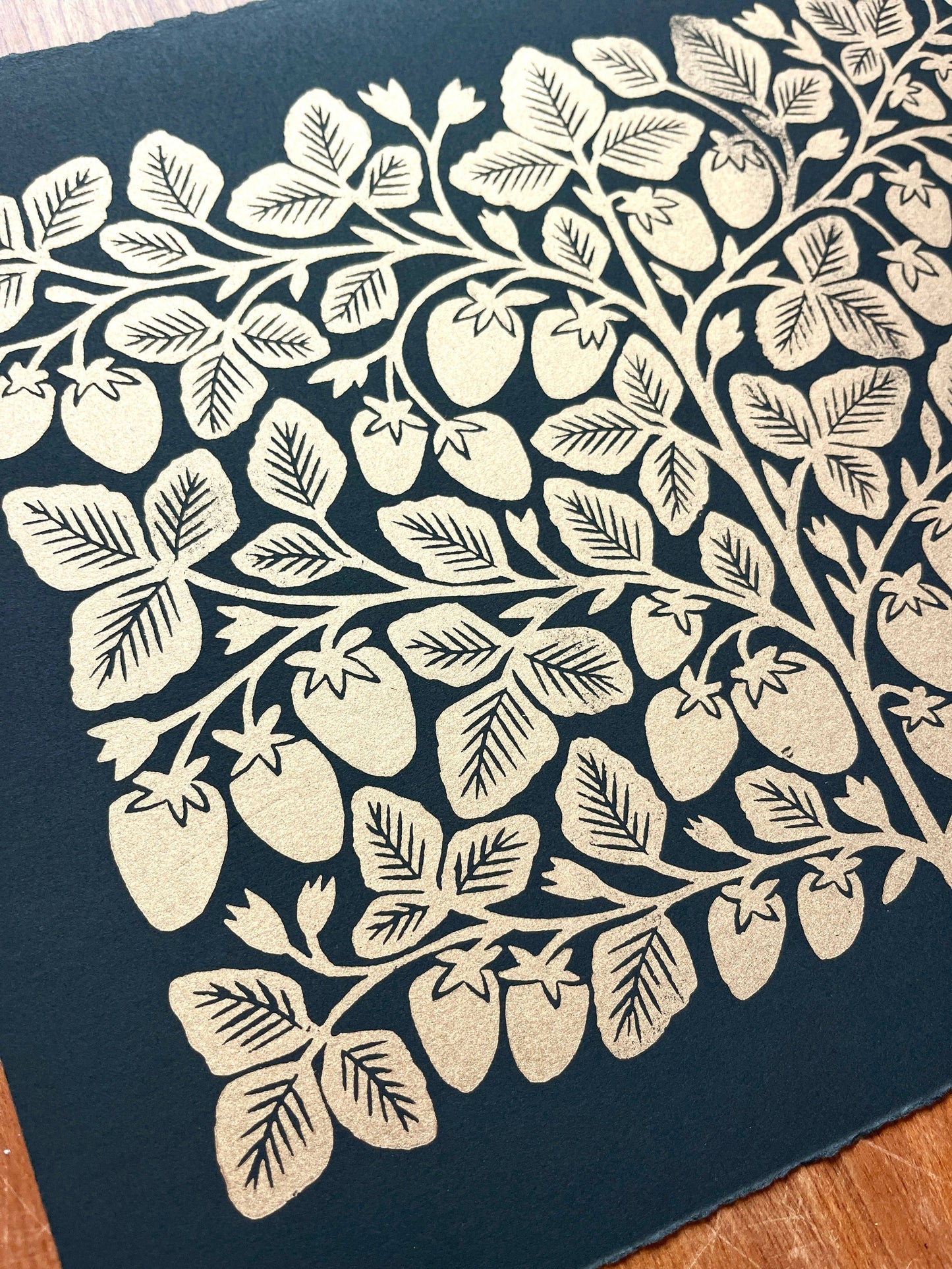Hand Block Printed Gold Strawberries Art Print - No. 5646