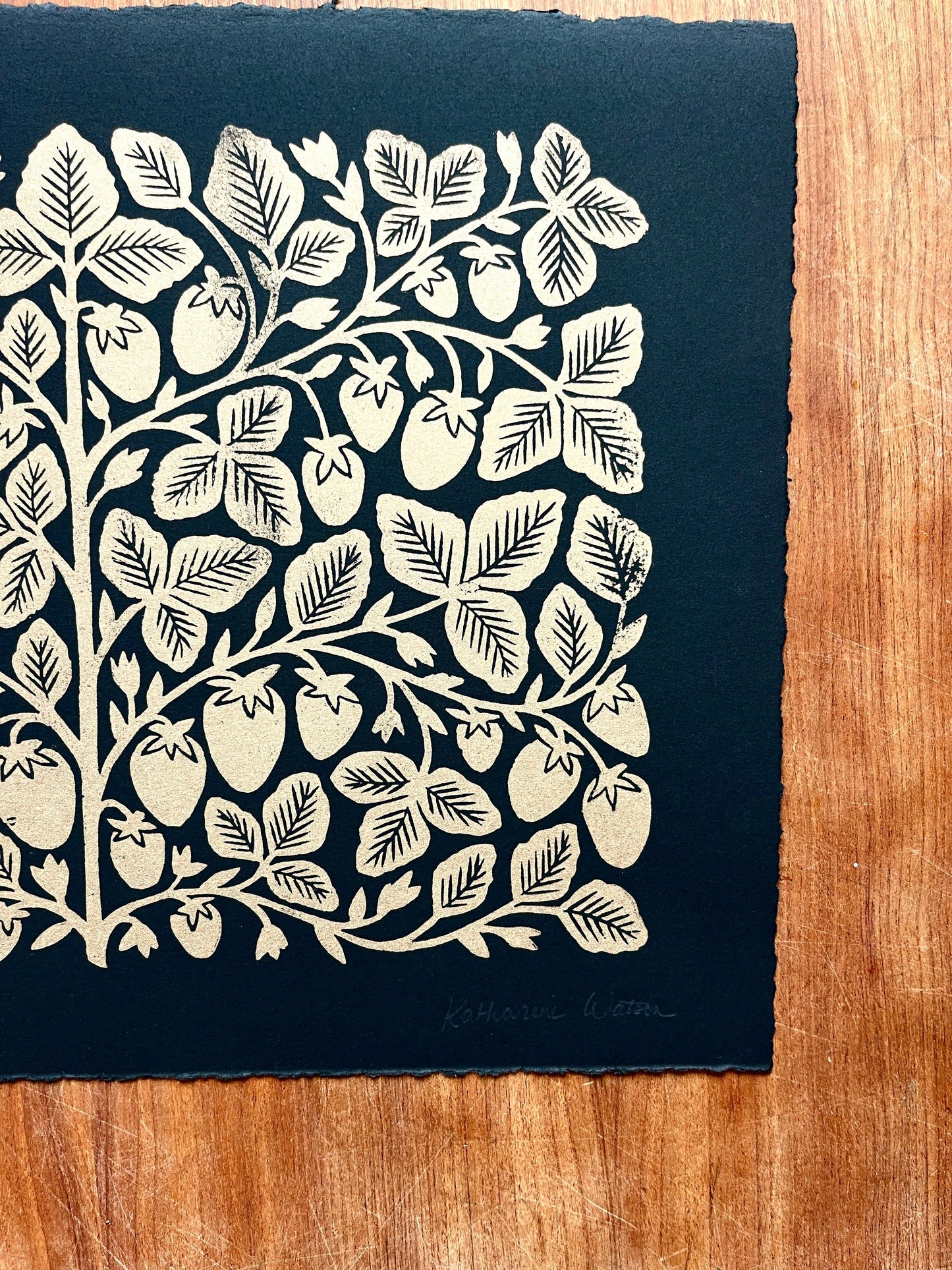 Hand Block Printed Gold Strawberries Art Print - No. 5646
