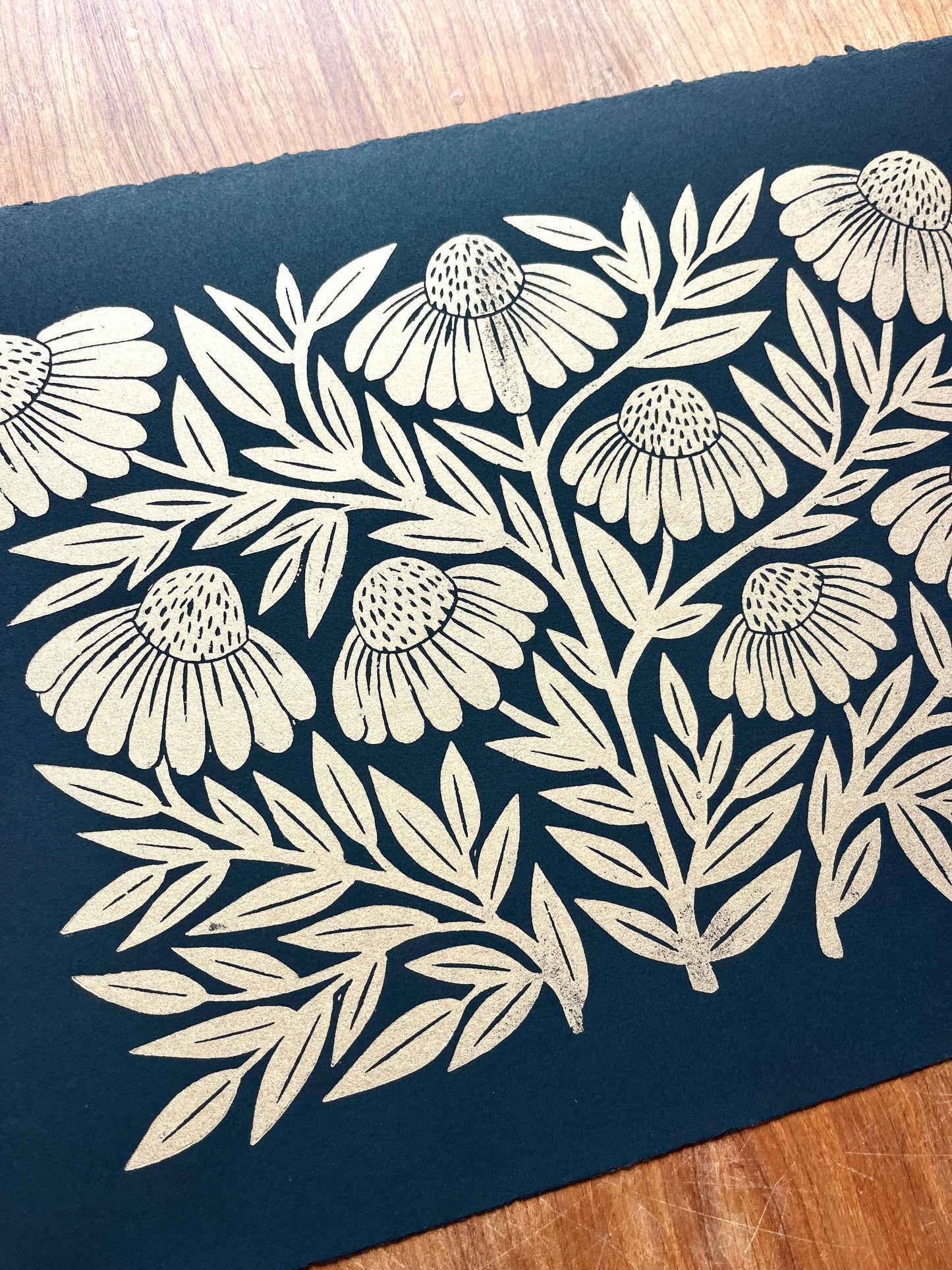 Hand Block Printed Gold Echinacea Art Print - No. 5645
