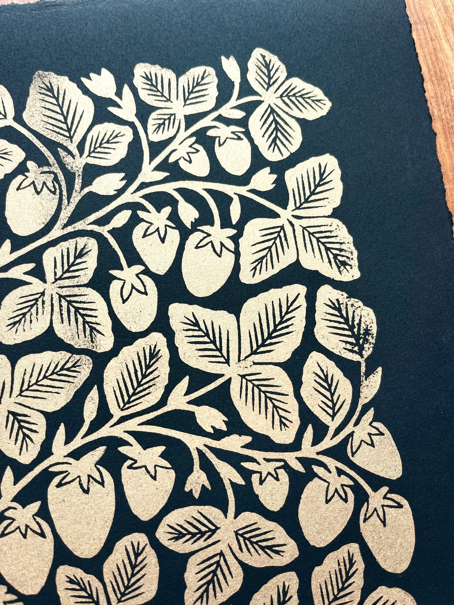 Hand Block Printed Gold Strawberries Art Print - No. 5646