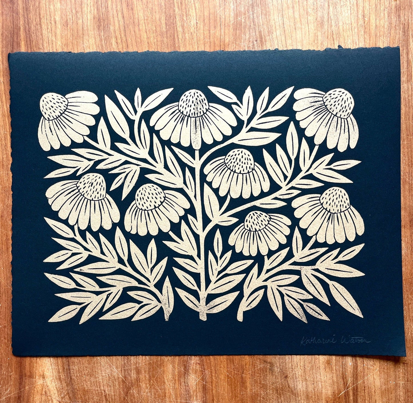 Hand Block Printed Gold Echinacea Art Print - No. 5645