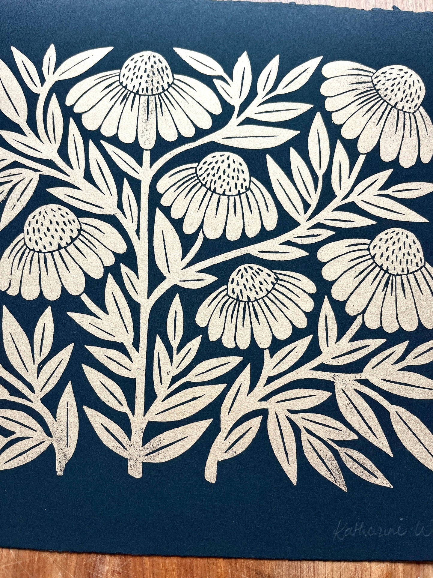 Hand Block Printed Gold Echinacea Art Print - No. 5645