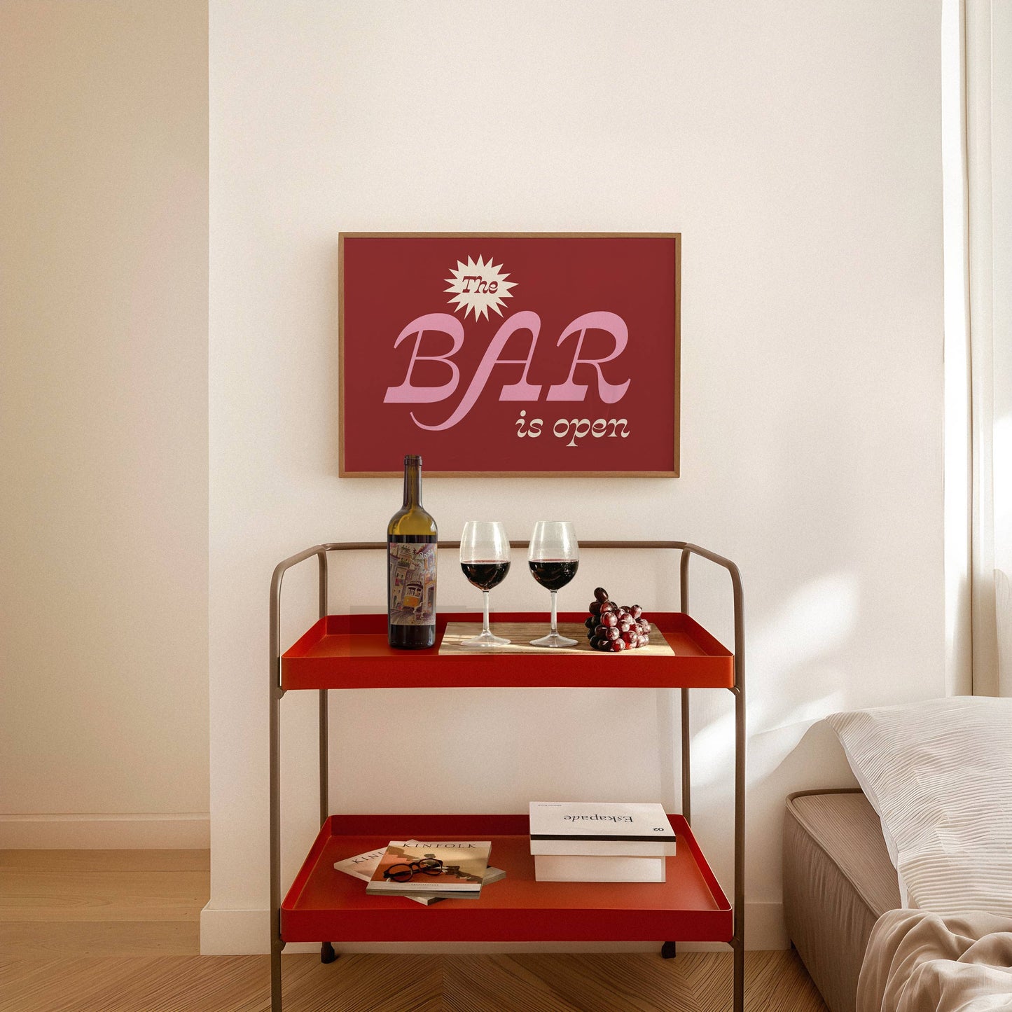 The Bar is Open Print. Funky Kitchen Art, Colorful Bar Cart: White / 11 x 14