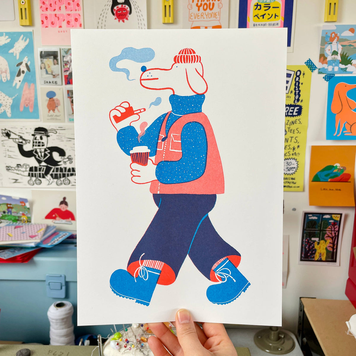 YUK FUN Dog Strolling Riso Art Print