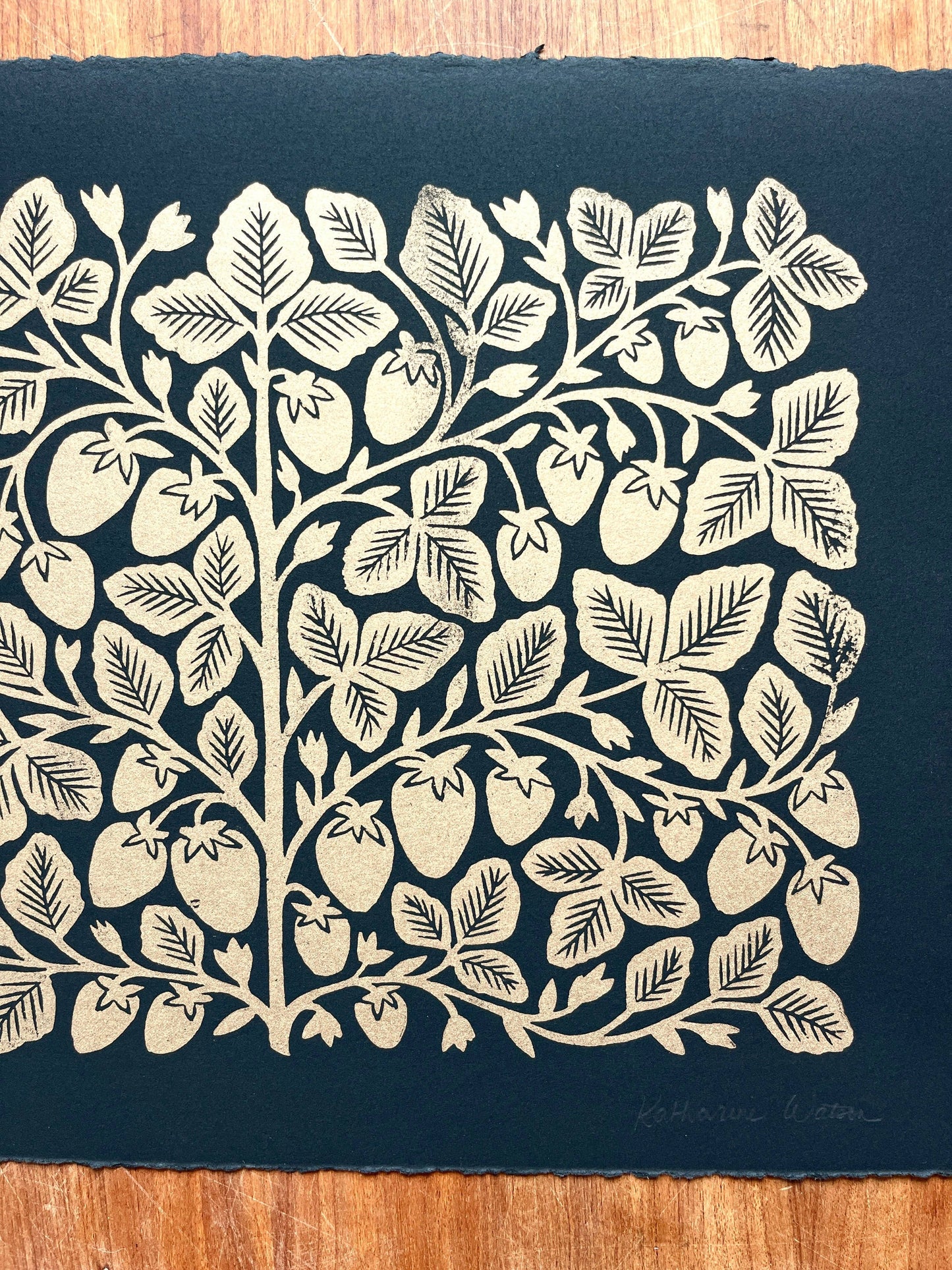 Hand Block Printed Gold Strawberries Art Print - No. 5646