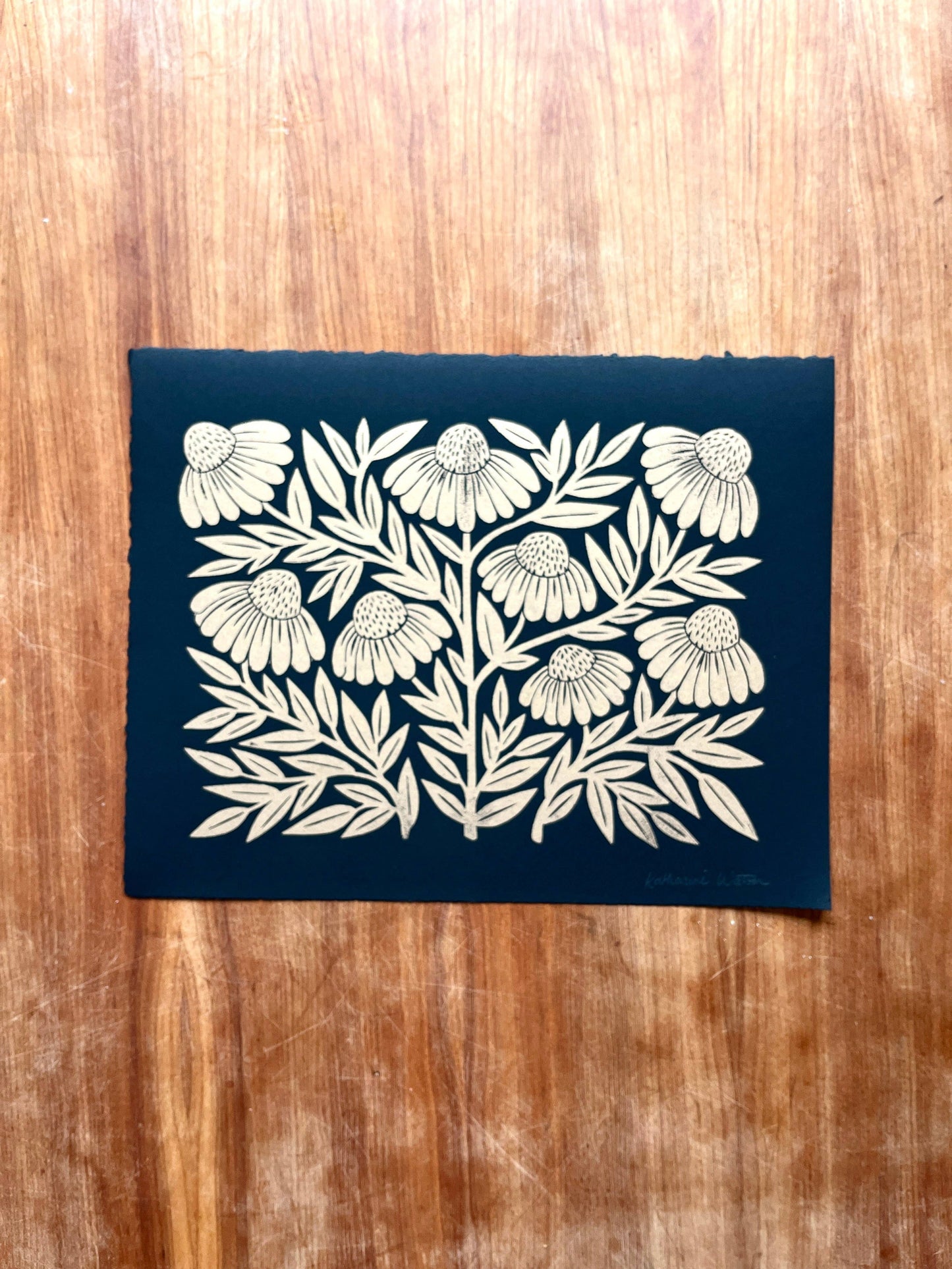 Hand Block Printed Gold Echinacea Art Print - No. 5645