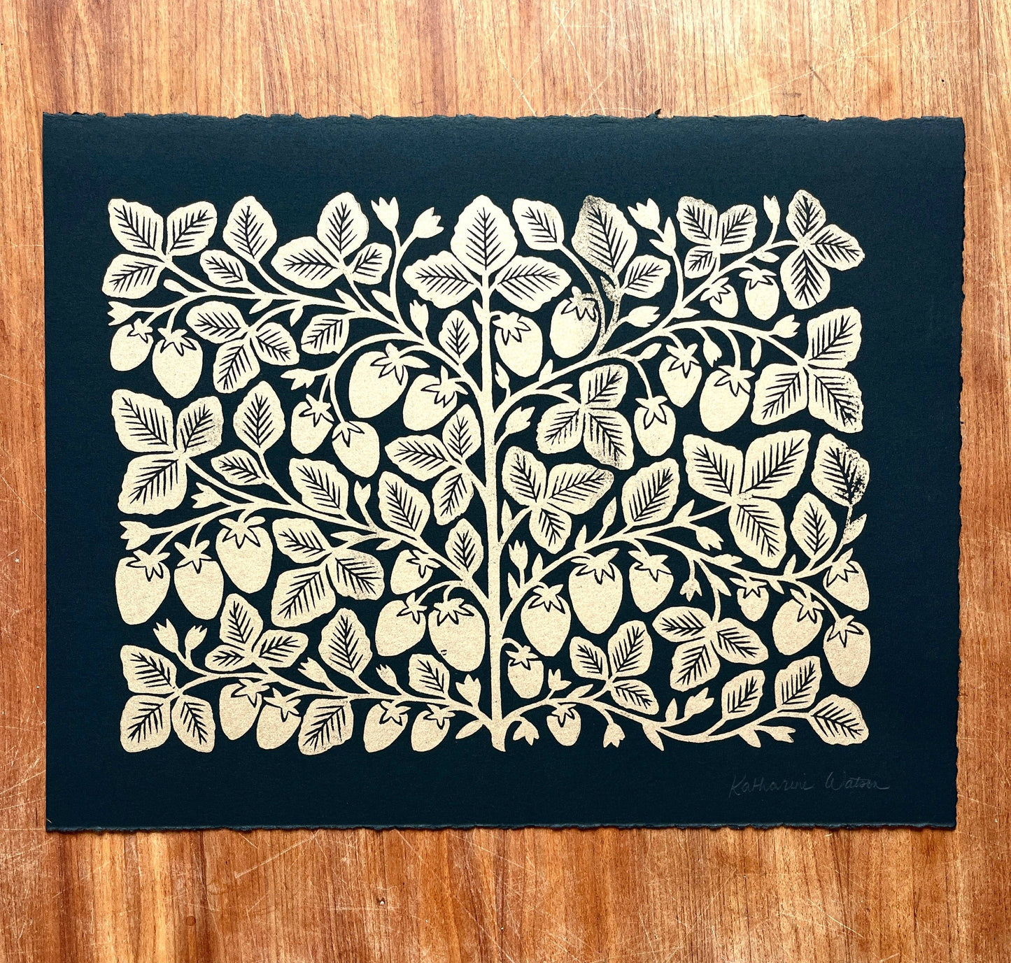 Hand Block Printed Gold Strawberries Art Print - No. 5646