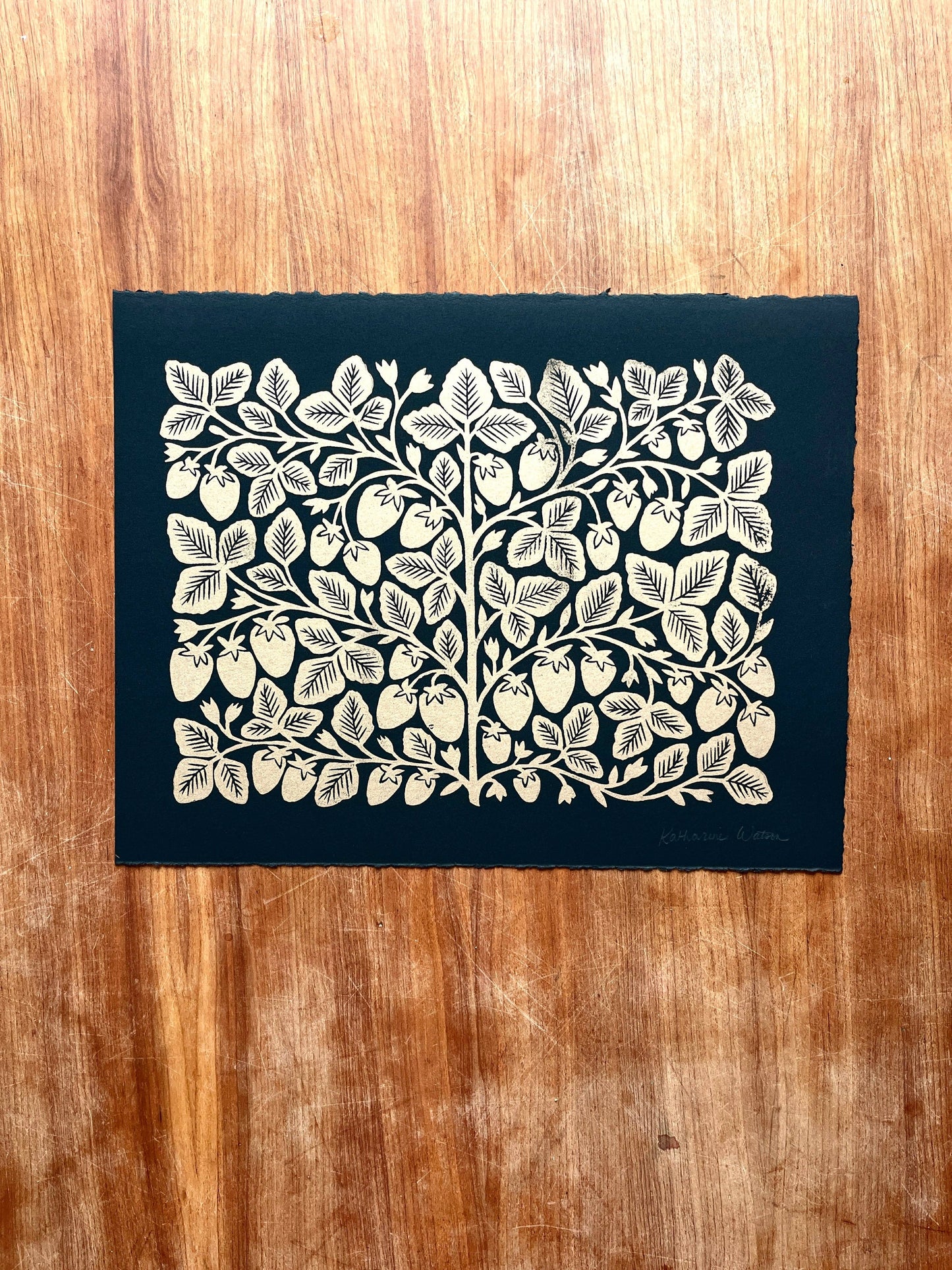 Hand Block Printed Gold Strawberries Art Print - No. 5646
