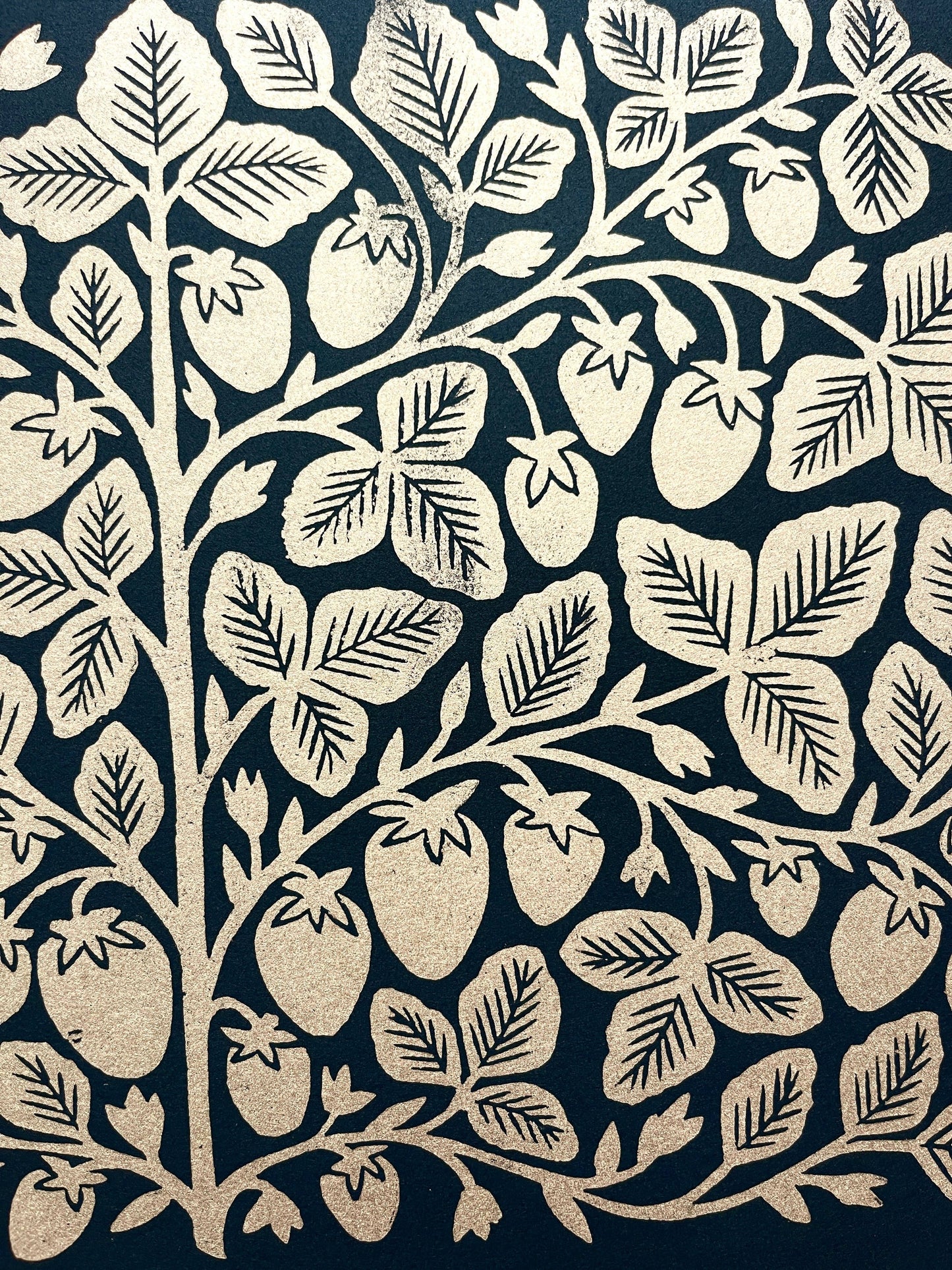 Hand Block Printed Gold Strawberries Art Print - No. 5646