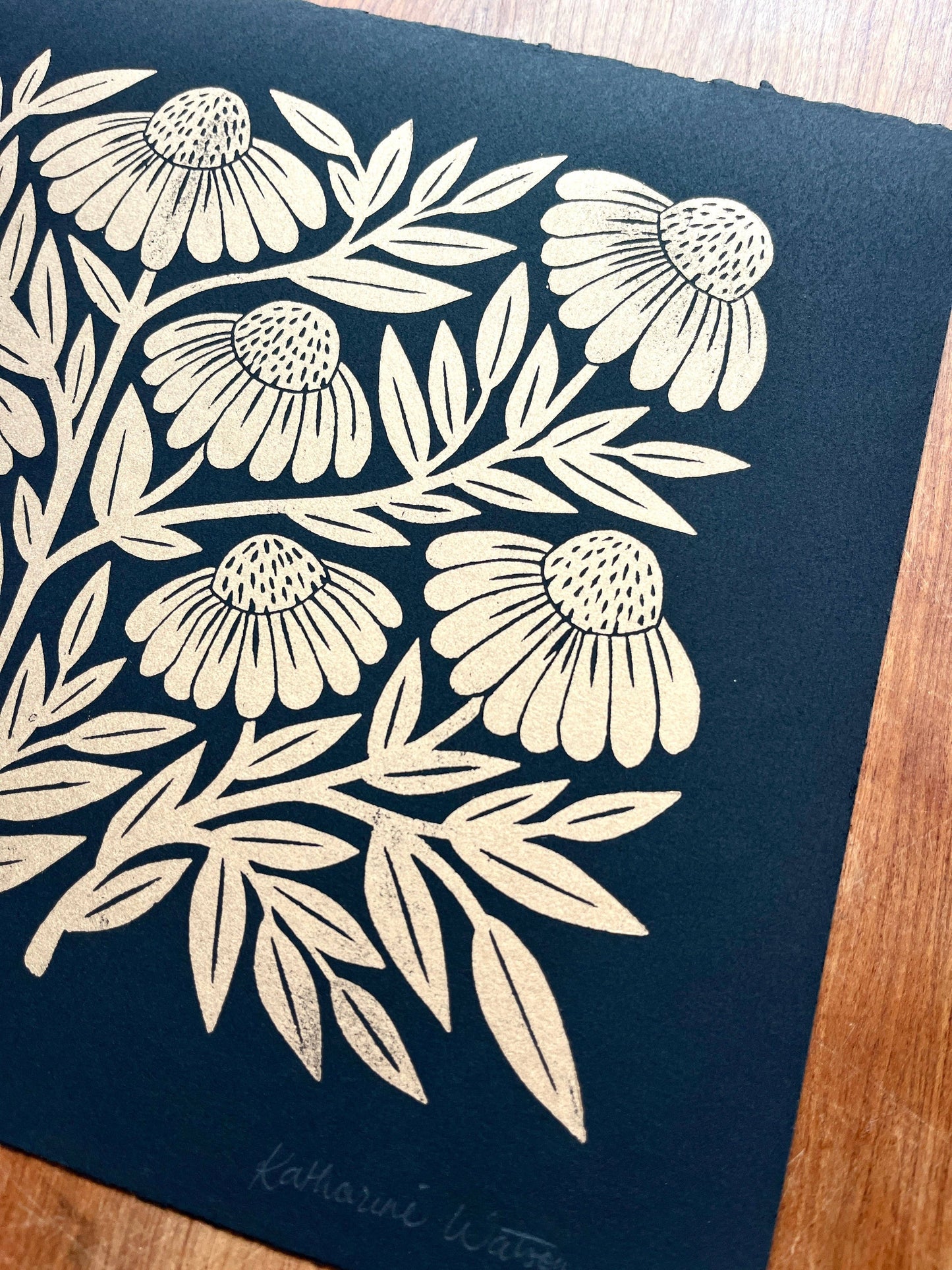 Hand Block Printed Gold Echinacea Art Print - No. 5645