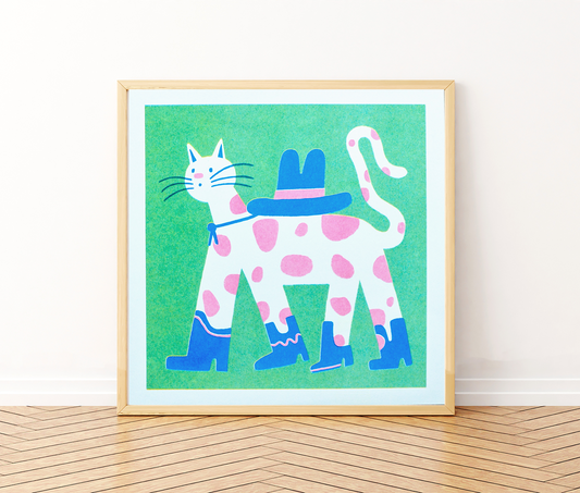 Cowboy Cat Square Risograph Art Print