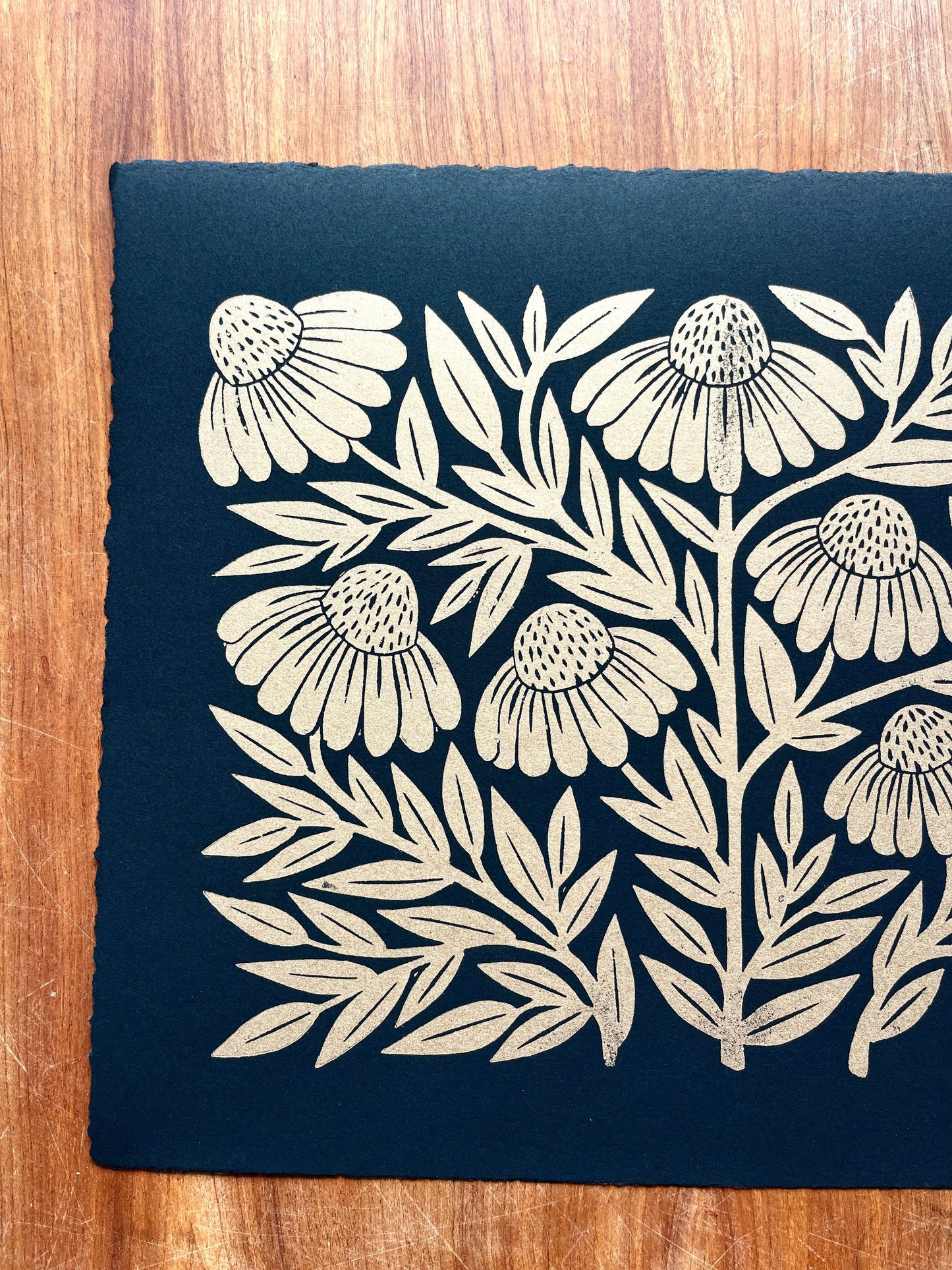 Hand Block Printed Gold Echinacea Art Print - No. 5645