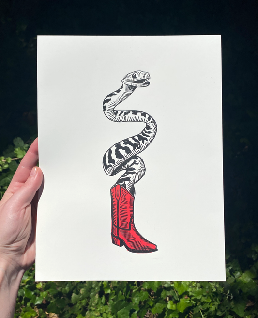 Snake in Boot Linocut Print
