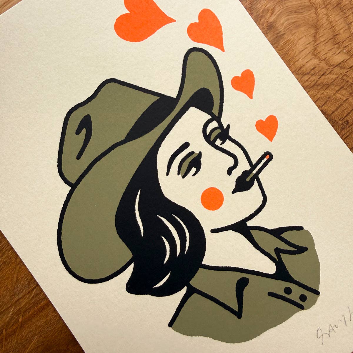 Sweetheart - Signed 5x7in Silkscreen Smoking Cowgirl Print