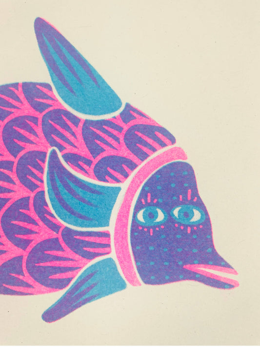 Tallulah Aqua Blue and Fluoro Pink Riso Art Print