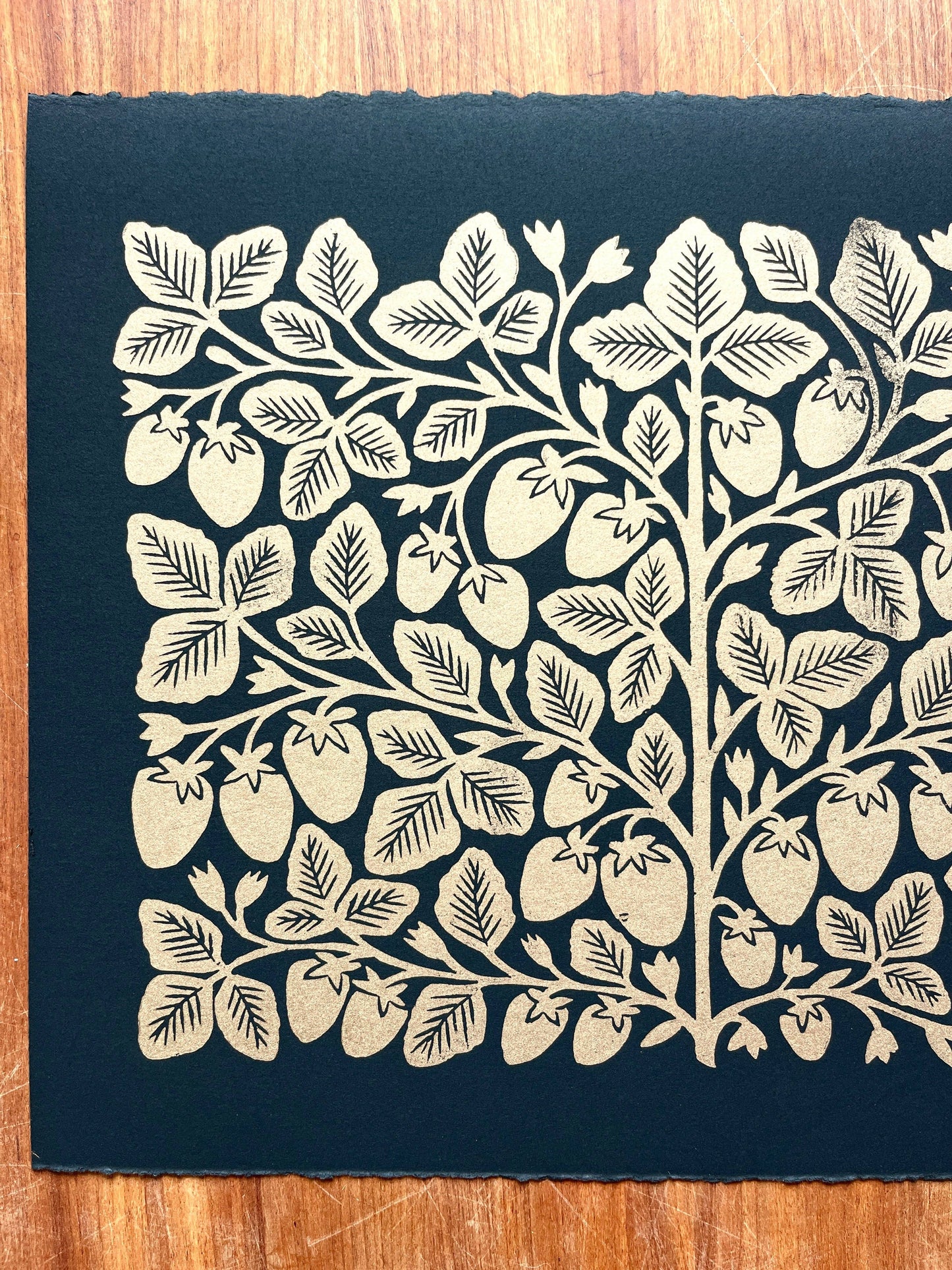 Hand Block Printed Gold Strawberries Art Print - No. 5646