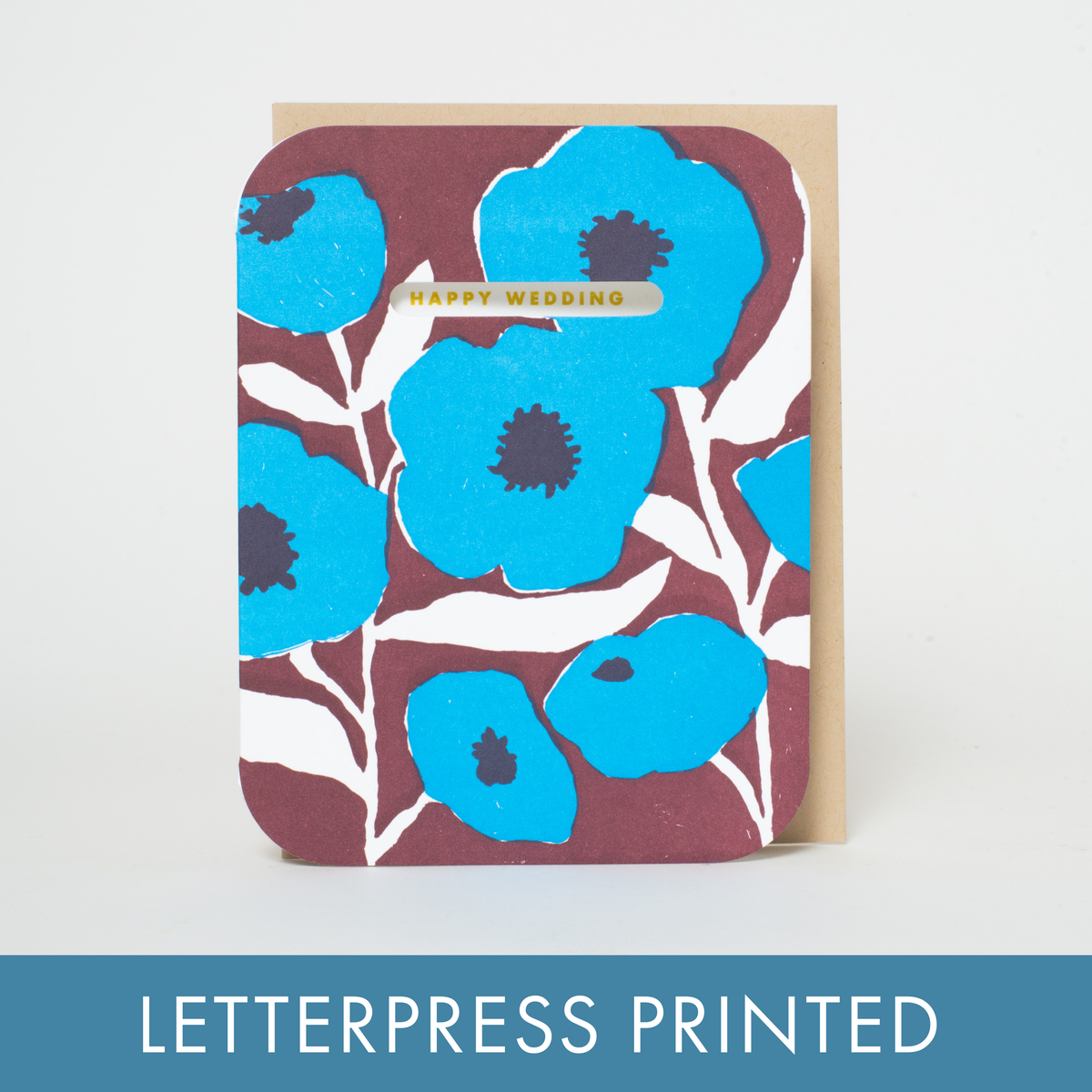 Happy Wedding Blue Floral Letterpress Greeting Card: Plastic sleeve
