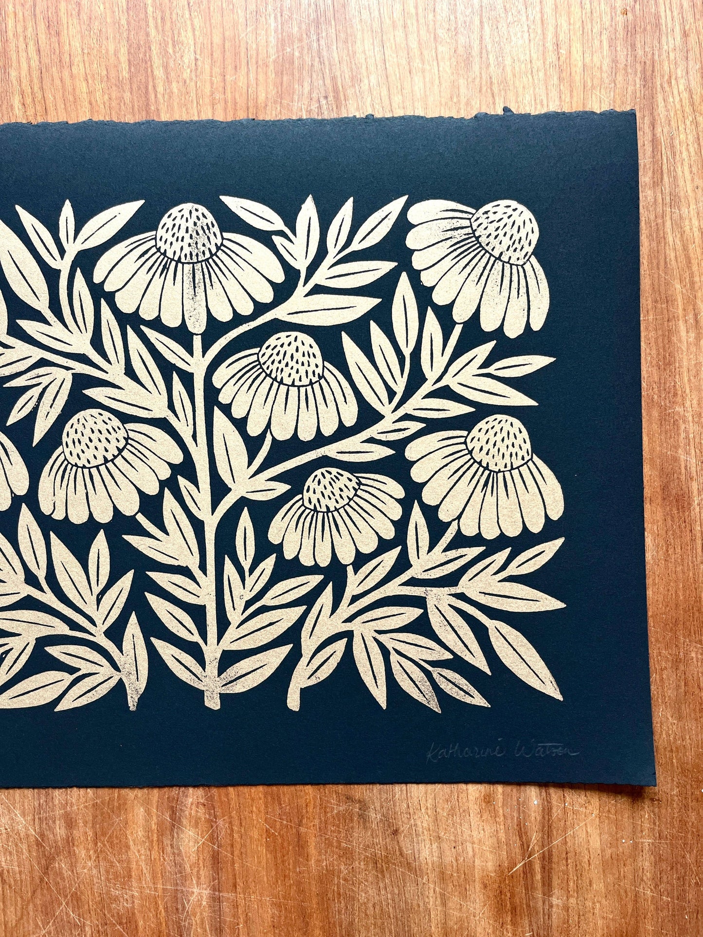 Hand Block Printed Gold Echinacea Art Print - No. 5645