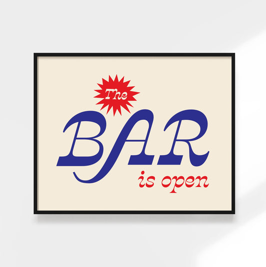The Bar is Open Print. Funky Kitchen Art, Colorful Bar Cart: White / 11 x 14