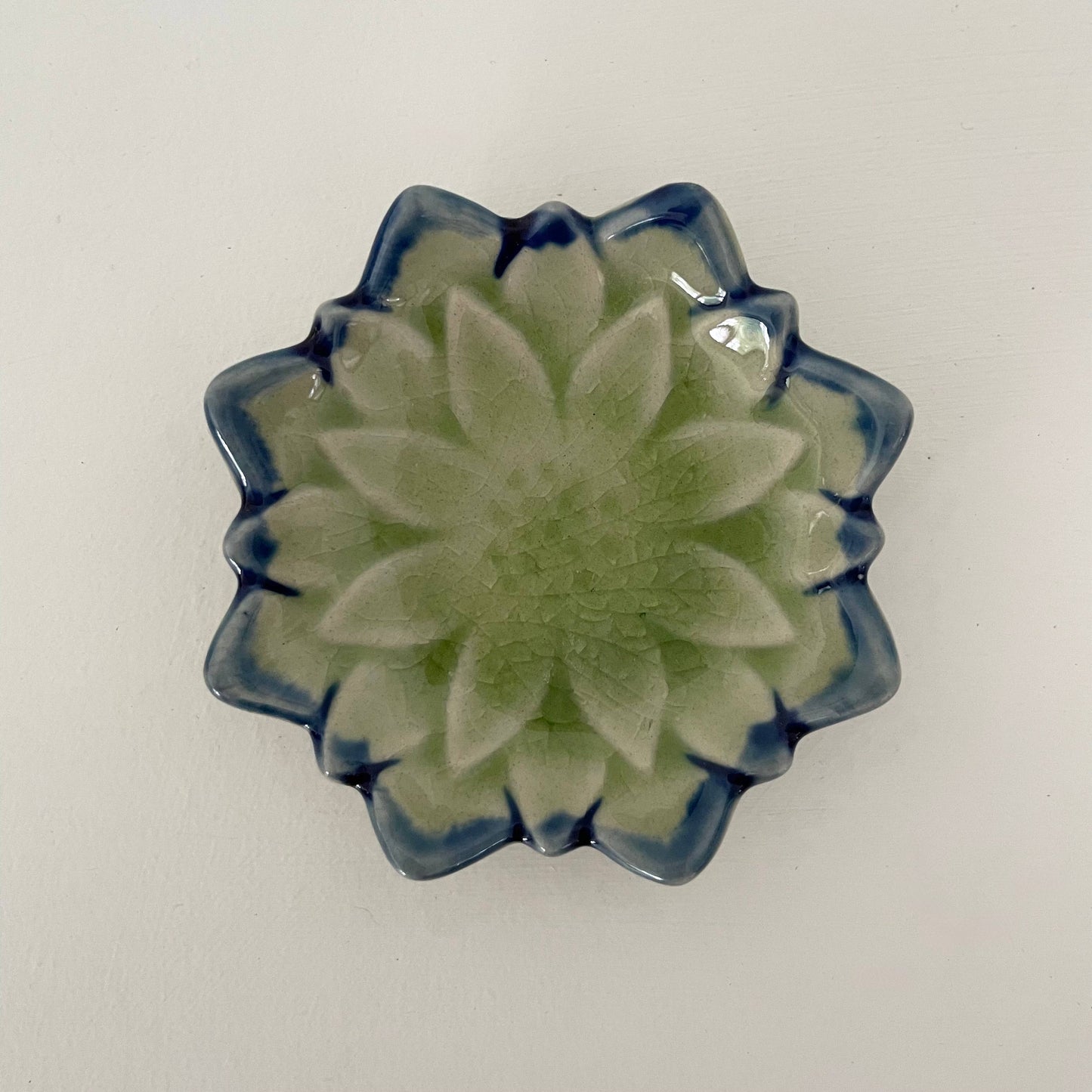 2.5" Handmade small ceramic Japanese dahlia flower dish: Green