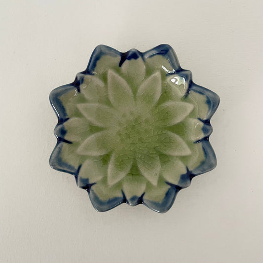 2.5" Handmade small ceramic Japanese dahlia flower dish: Green