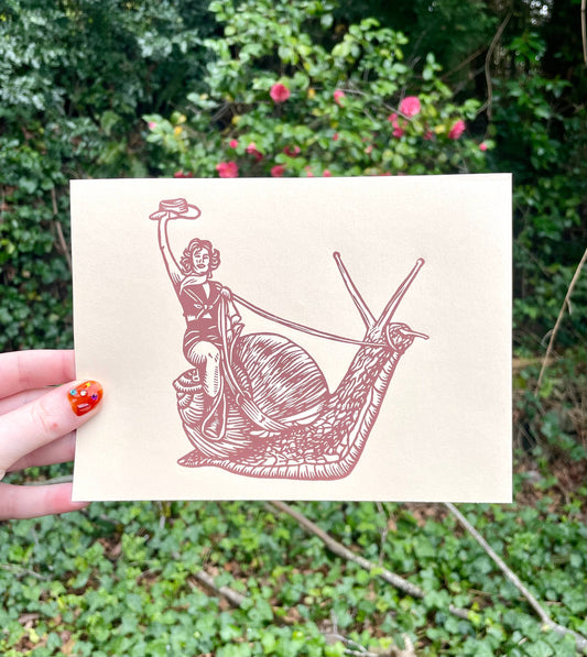 Cowgirl Snail Linocut Print