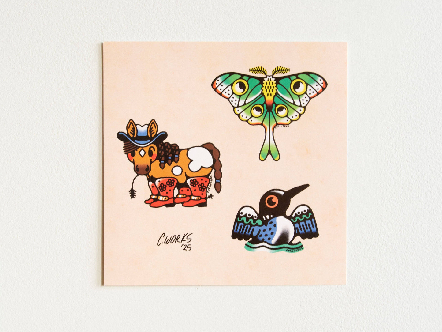 Horse Moth & Loon Tattoo Flash Sheet