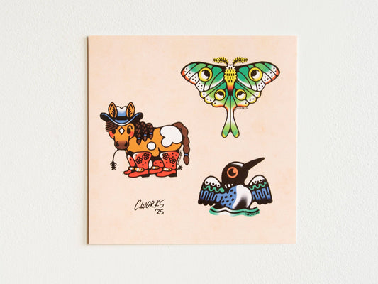 Horse Moth & Loon Tattoo Flash Sheet