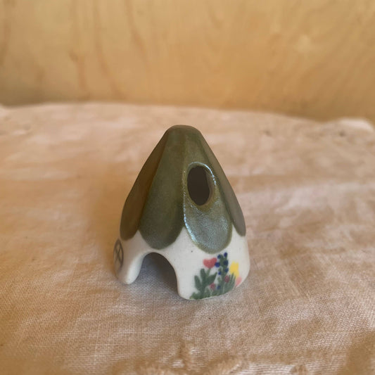 Olive Ceramic Mouse House Cone Incense Burner With Flowers
