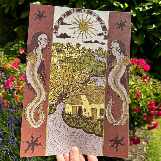 Eel and Cottage Fenland Folklore A4 Print