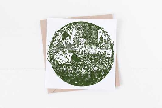 The Gardeners card, garden, plants, grow, dog, tree, woman