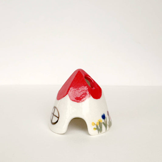 Red Ceramic Mouse House Cone Incense Burner With Flowers