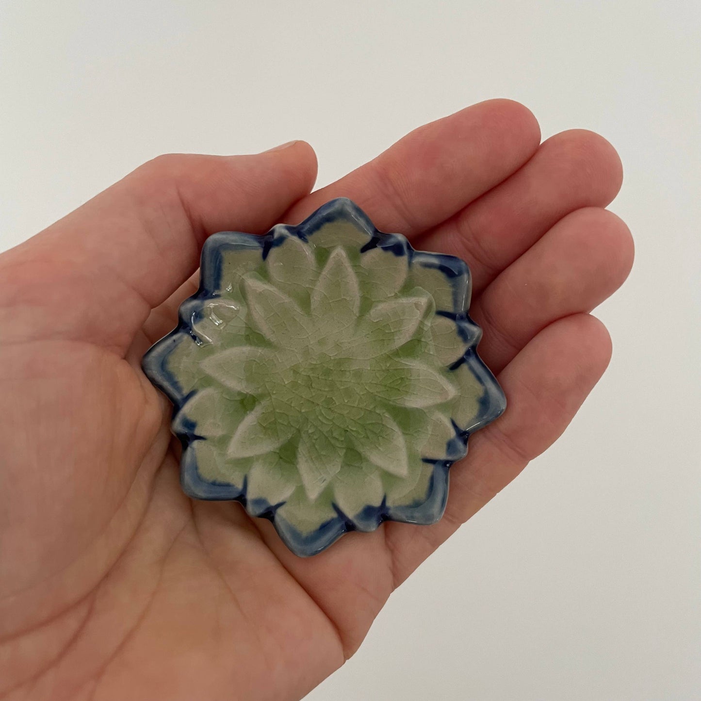 2.5" Handmade small ceramic Japanese dahlia flower dish: Green