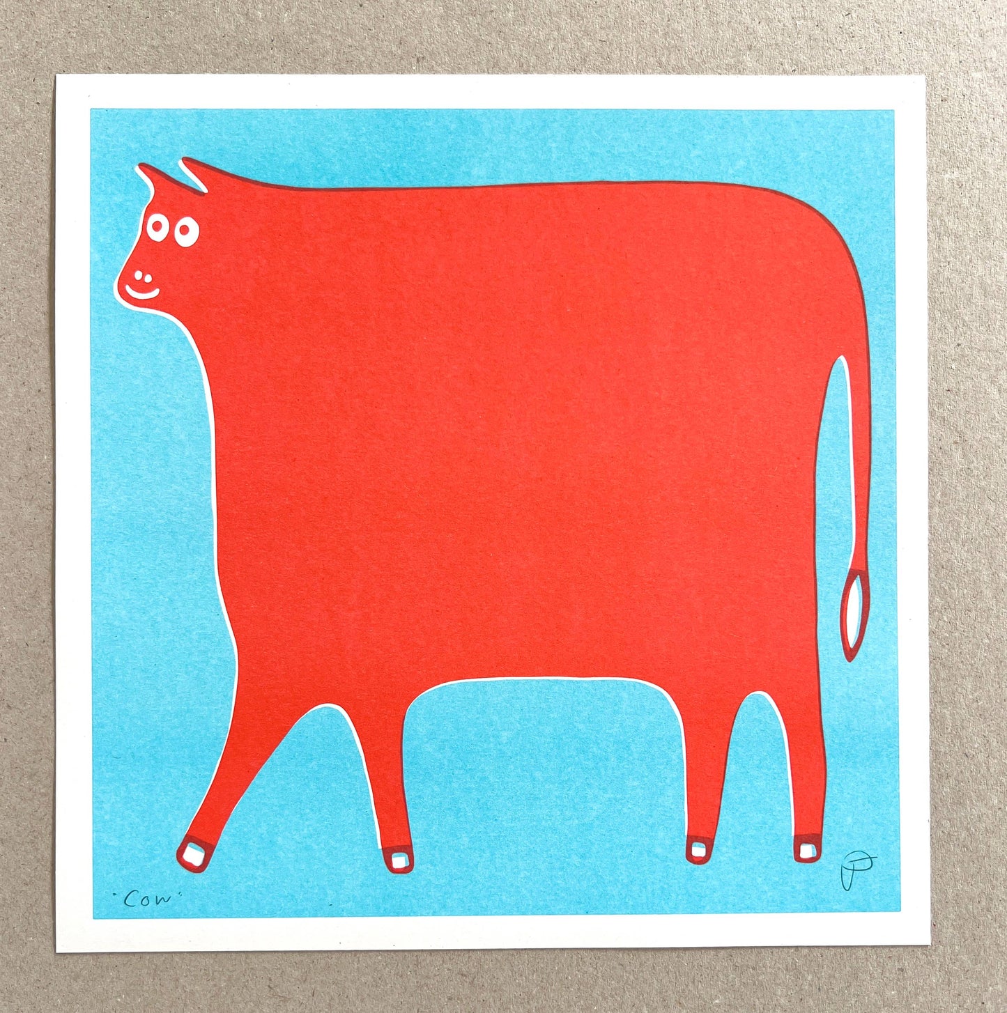Cow Art Print in Red and Light Blue Ink