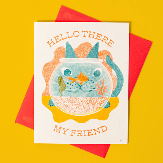 Hello There My Friend Cat - Risograph Greeting Card