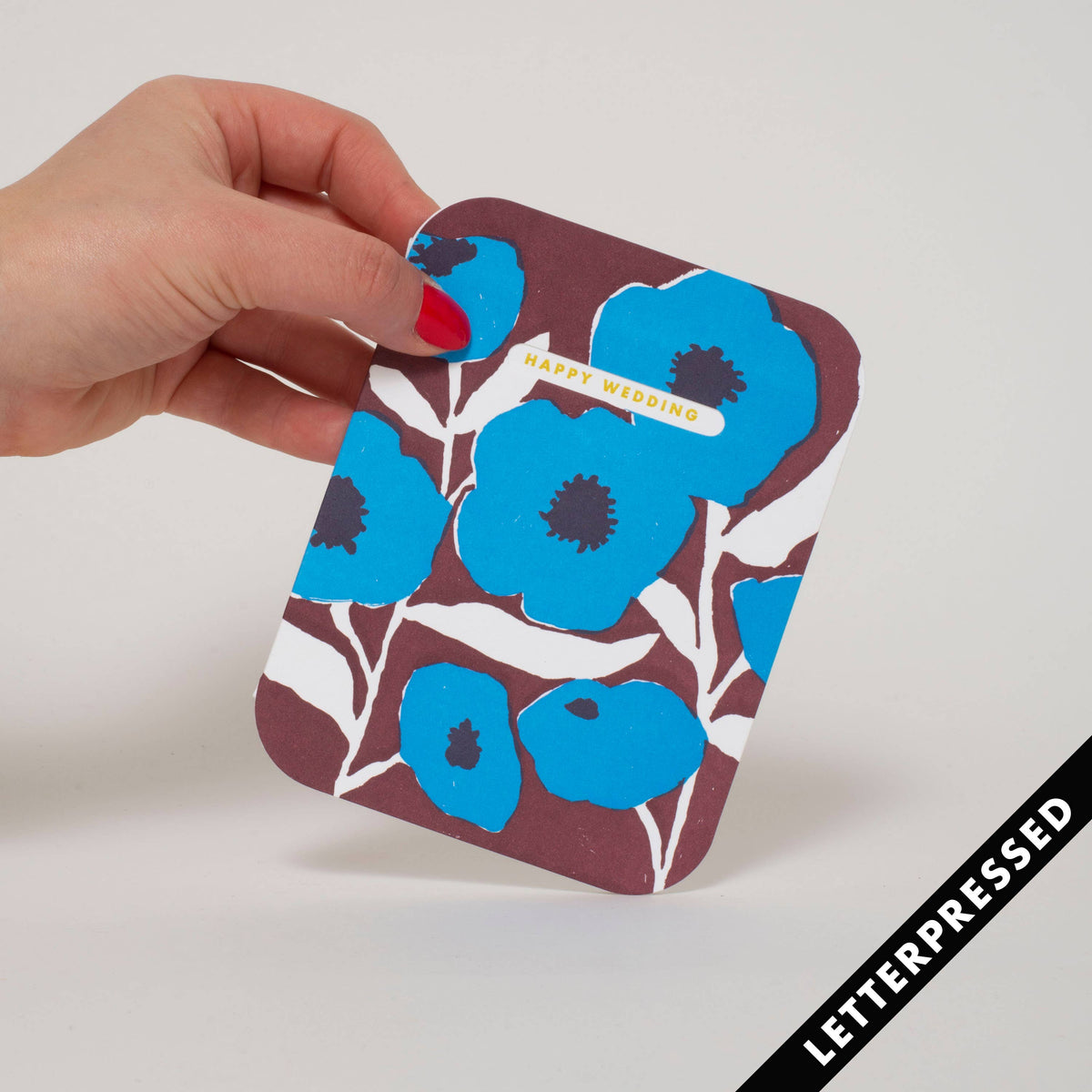 Happy Wedding Blue Floral Letterpress Greeting Card: Plastic sleeve