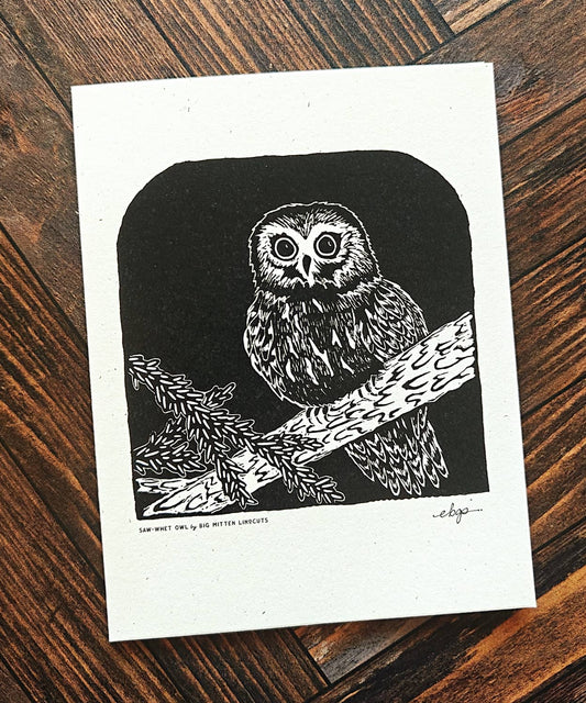Saw-whet Owl Linocut Card
