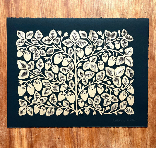 Hand Block Printed Gold Strawberries Art Print - No. 5646