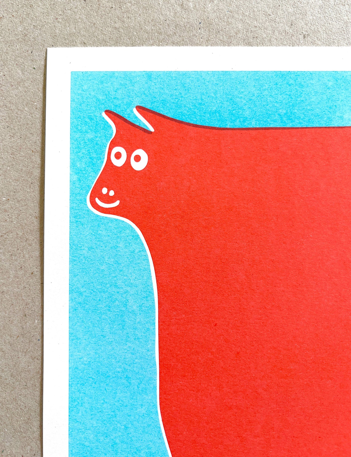 Cow Art Print in Red and Light Blue Ink