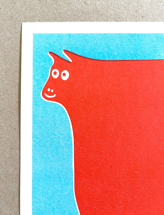 Cow Art Print in Red and Light Blue Ink