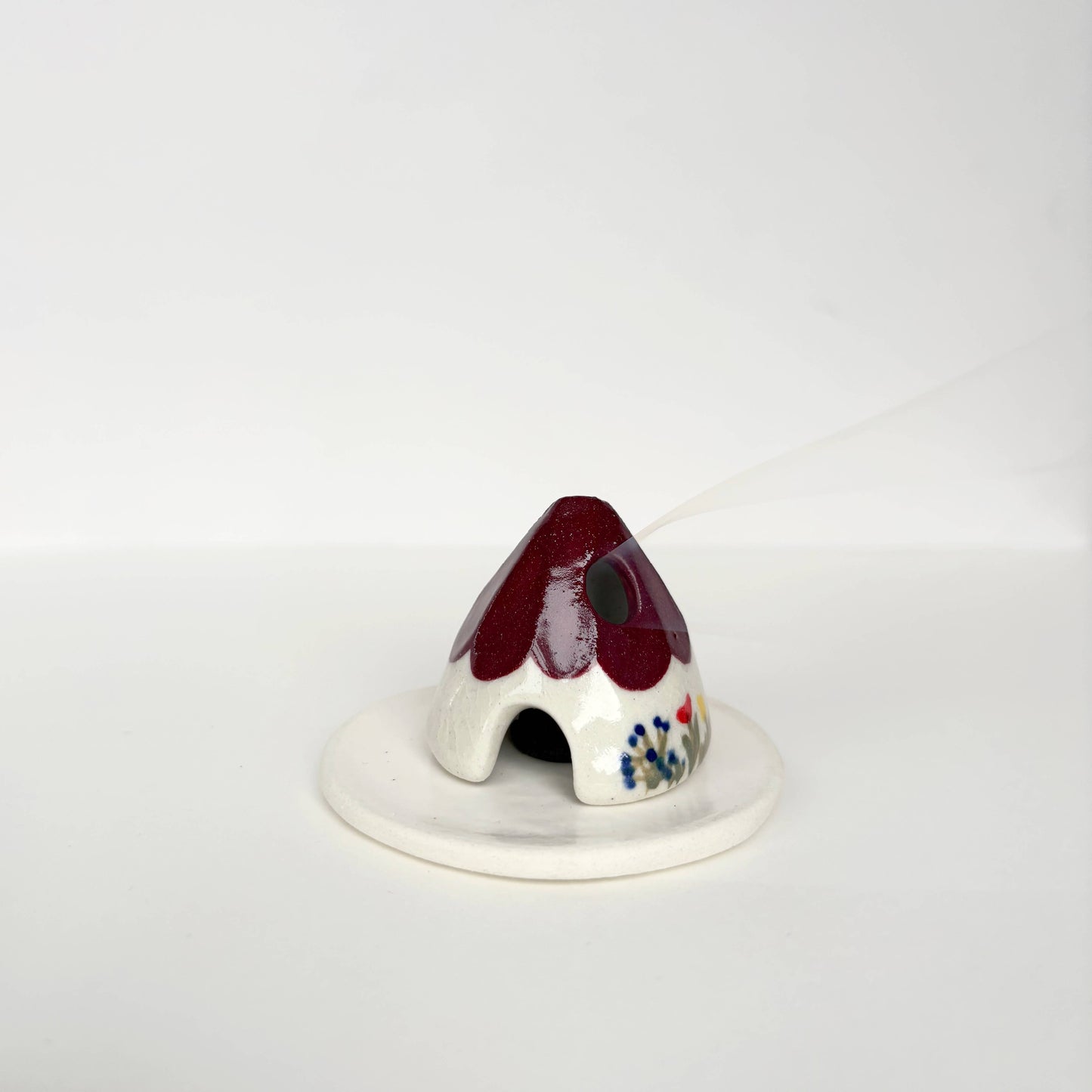 Yellow Ceramic Mouse House Cone Incense Burner With Flowers