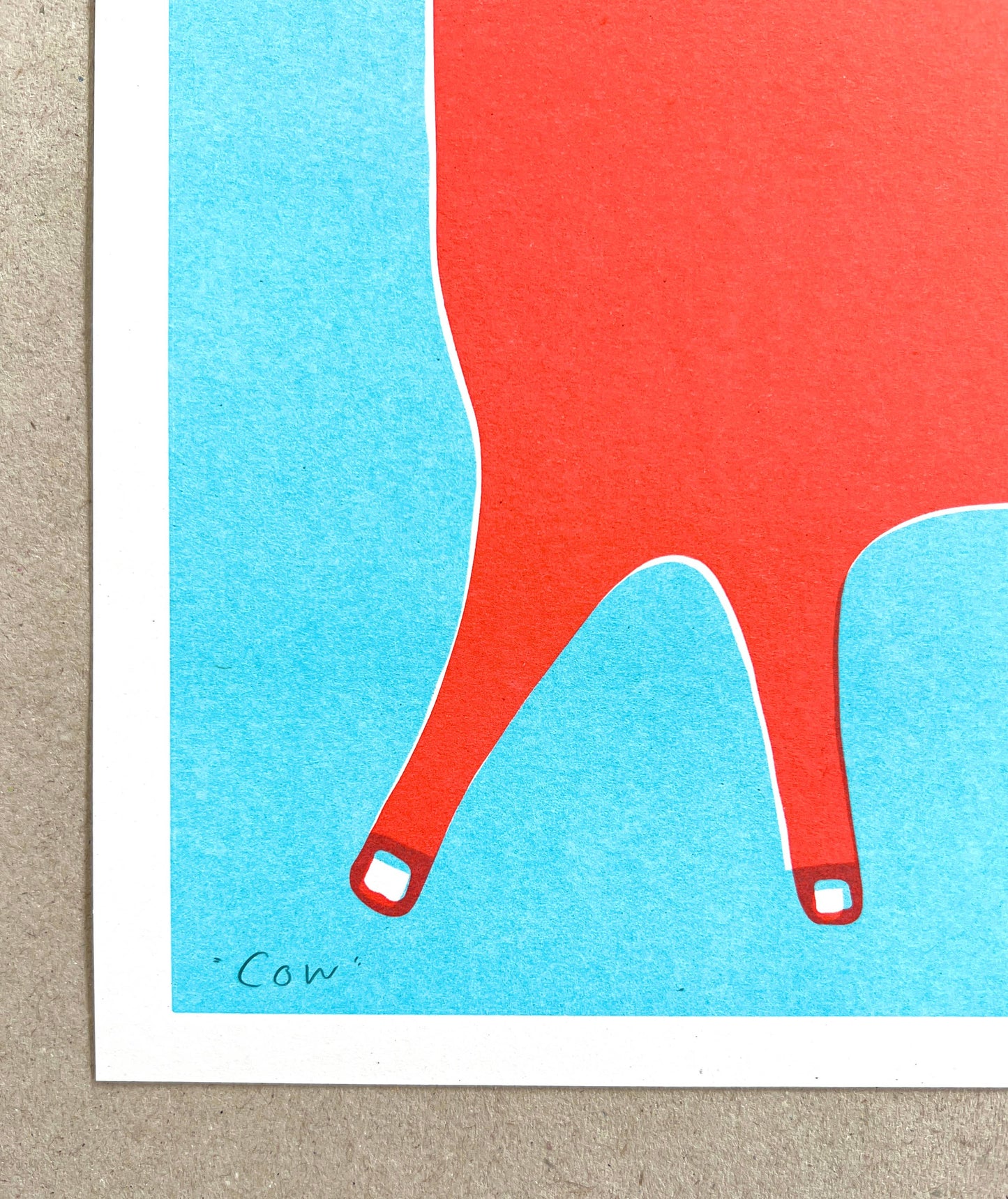 Cow Art Print in Red and Light Blue Ink